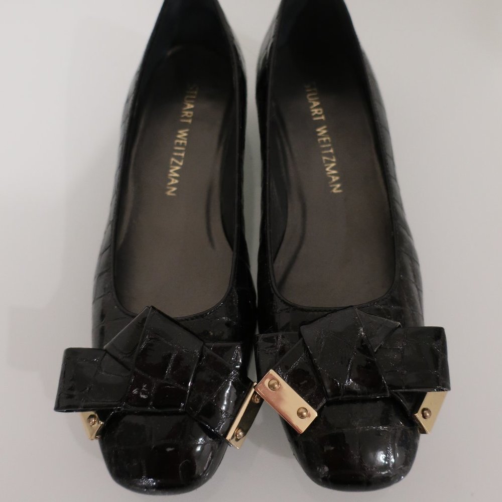 Stuart Weitzman Black Patent Leather Bow Ballet Flats with Gold Accents